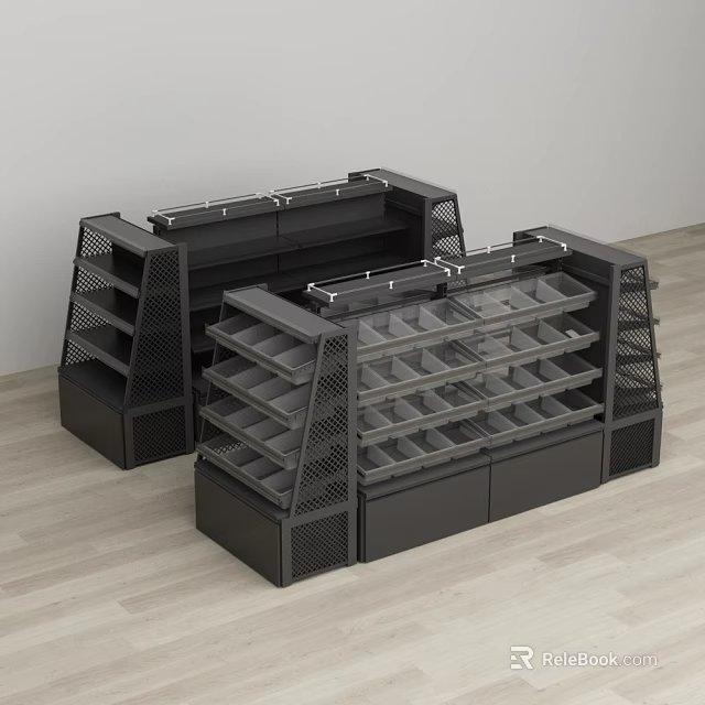 Snack Shop Black Display Shelves With Multiple Layers And Organized Racks 3d model