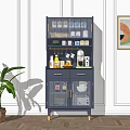 Navy Blue Sideboard with Multiple Shelves Mugs Canisters Fruits Coffee Maker and Green Plant