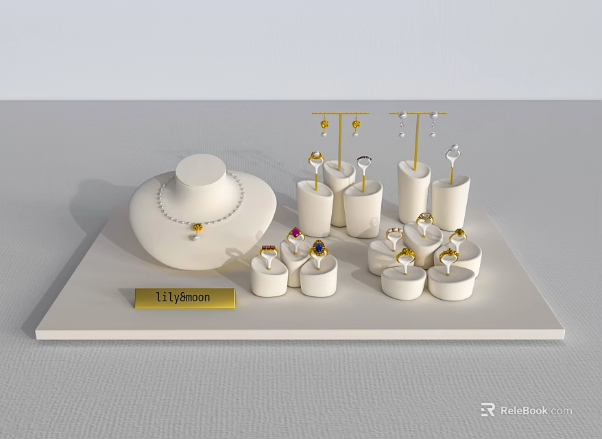 Elegant Various Jewelry Display With Necklace Earrings Rings On White Stand 3d model 