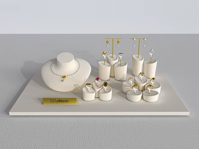 Elegant Various Jewelry Display With Necklace Earrings Rings On White Stand 3d model