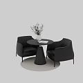 Modern Round Table with Black Leather Chairs and Vase Green Plant on Round Rug