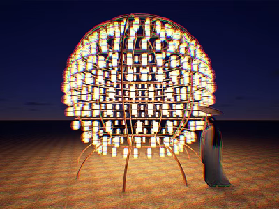 Garden Landscape With Illuminated Lantern Sphere Support Structure And Robed Figure On Sandy Night Ground 3d model
