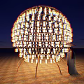 Garden Landscape With Illuminated Lantern Sphere Support Structure And Robed Figure On Sandy Night Ground