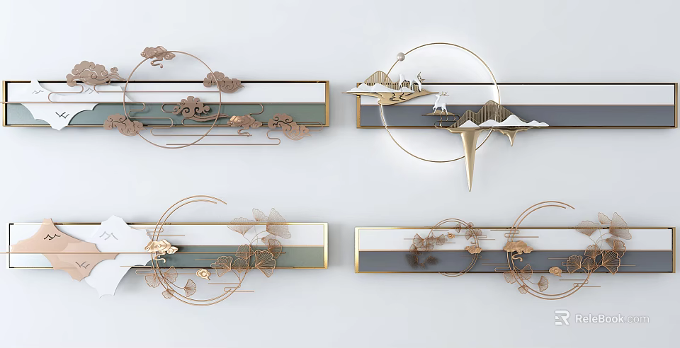 Chinese Style Wall Decor With Circular Design Mountain Elements And Golden Accents 3d model 