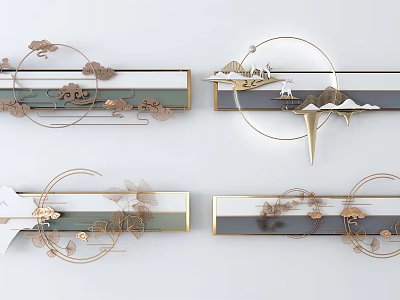 Chinese Style Wall Decor With Circular Design Mountain Elements And Golden Accents 3d model