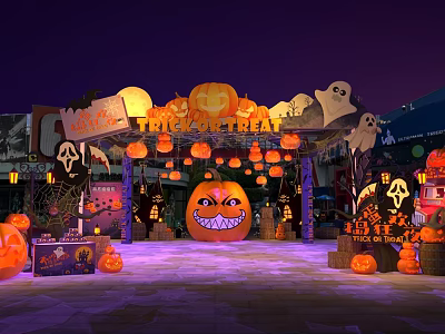 Halloween Decorative Scene With Pumpkins Ghosts And Trick Or Treat Sign 3d model