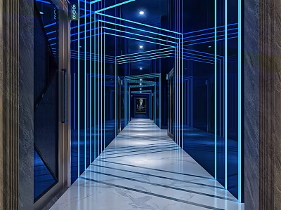 Modern Elevator Corridor Interior With Blue LED Strip Lights And Marble Floor 3d model