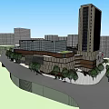 Modern Commercial Street Scene with Tall Glass Building Shops Vehicles Pedestrians and Urban Greenery