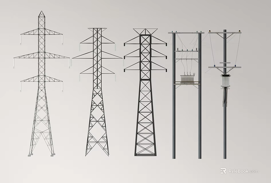 Various Types of Electrical Transmission Towers and Utility Pole Structures with Power Lines 3d model 