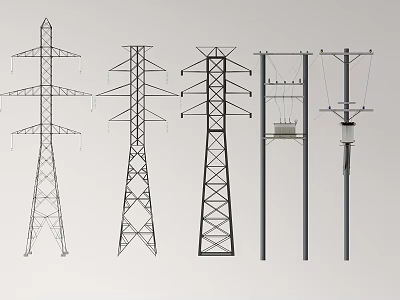 Various Types of Electrical Transmission Towers and Utility Pole Structures with Power Lines 3d model