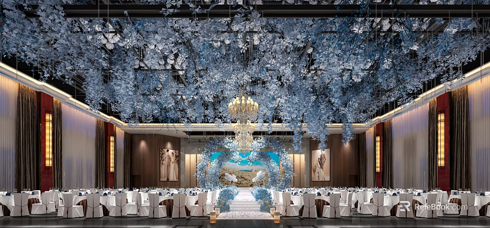 Luxurious Banquet Hall With Blue White Floral Ceiling Grand Chandelier And Decorative Arch 3d model 