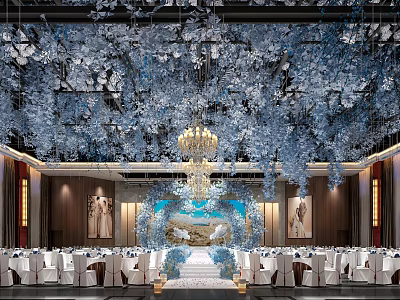 Luxurious Banquet Hall With Blue White Floral Ceiling Grand Chandelier And Decorative Arch 3d model