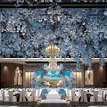 Luxurious Banquet Hall With Blue White Floral Ceiling Grand Chandelier And Decorative Arch