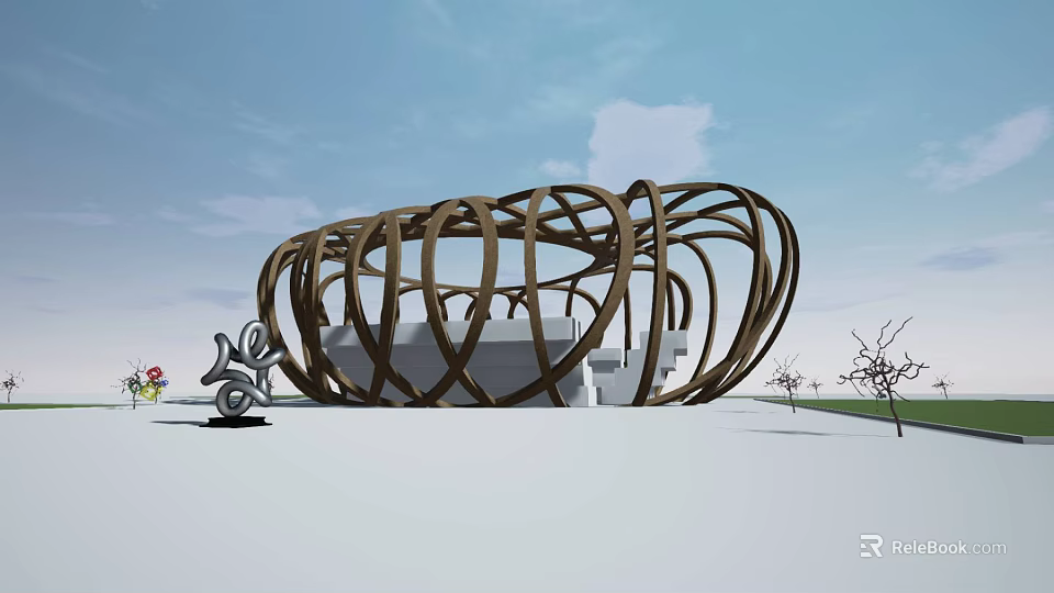 Artistic Modern Wooden Pergola With Curved Intertwined Structure In Outdoor Space 3d model 