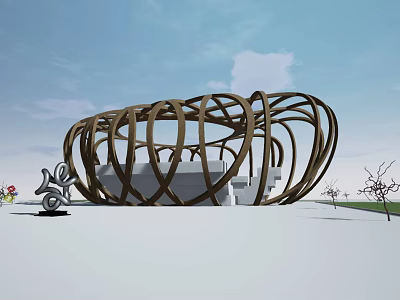 Artistic Modern Wooden Pergola With Curved Intertwined Structure In Outdoor Space 3d model