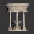 Carved Stone Decorative Pedestal Featuring Circular Top Supporting Pillars And Central Bowl