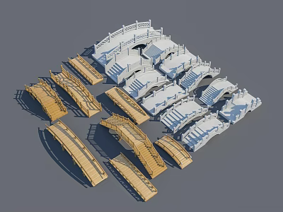 Various Wooden And White Model Bridge Designs With Railings And Structures 3d model