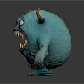 3D Furry Blue Monster Character With Horns Red Eyes Sharp Teeth Claws