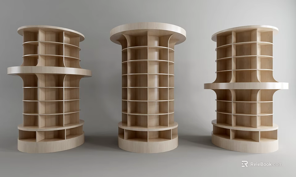Three Modern Cylindrical Wooden Bookcases With Multi Tiered Open Shelf Design 3d model