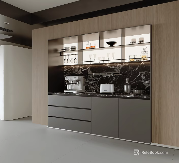 Modern Sideboard With Glass Display Shelves Marble Countertop And Coffee Machine Toaster 3d model 