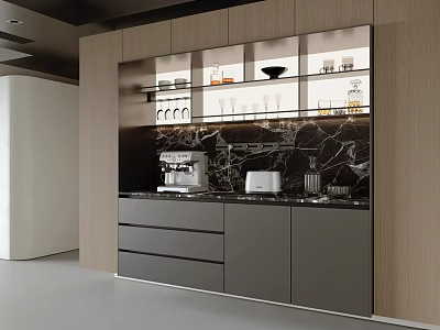 Modern Sideboard With Glass Display Shelves Marble Countertop And Coffee Machine Toaster 3d model