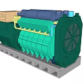 Industrial Diesel Engine With Green Body Blue Pipes Yellow Connectors Cooling Fan And Gray Base
