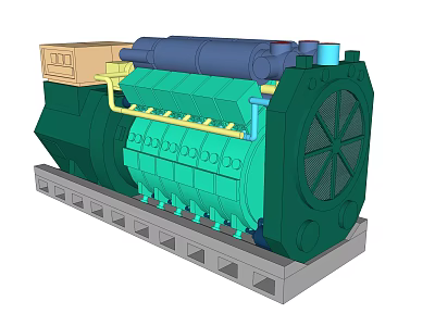 Industrial Diesel Engine With Green Body Blue Pipes Yellow Connectors Cooling Fan And Gray Base 3d model