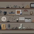 Decorative Ornament Set on Wooden Display Shelves with Teapots Fans Vases Books and Potted Plants