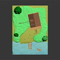 Cartoon Scene Featuring Small Wooden House Green Trees Grass Blue Water Wooden Bridge And Boat