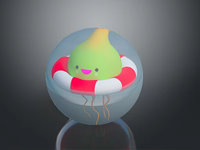 Green Cartoon Game Movie Character With Smiling Face Red White Lifebuoy Tentacles In Transparent Sphere 3d model