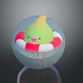 Green Cartoon Game Movie Character With Smiling Face Red White Lifebuoy Tentacles In Transparent Sphere