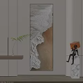 Abstract Painting On White Wall With Wooden Trim Green Plant And Small Figurine