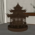 Traditional Chinese Pavilion Style Dark Wooden Sculpture Carving In Modern Interior With Round Base