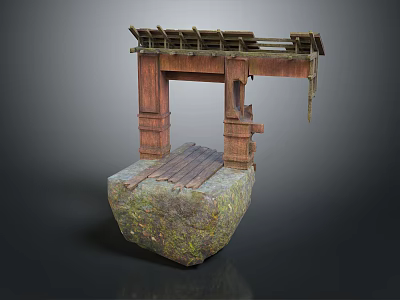 Ancient Wooden Structure On Moss Covered Stone Platform Natural Landscape View 3d model