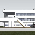 Modern Detached Villa Two Story White Exterior With Large Windows Staircase Lawn And Car