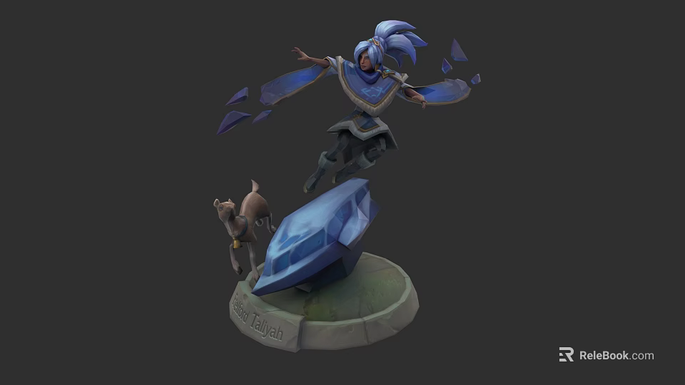 Game Character with Blue Hair Armor Floating Shards Standing on Crystal Base and Small Companion 3d model 