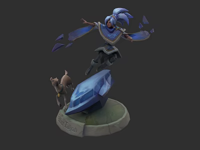 Game Character with Blue Hair Armor Floating Shards Standing on Crystal Base and Small Companion 3d model
