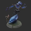Game Character with Blue Hair Armor Floating Shards Standing on Crystal Base and Small Companion