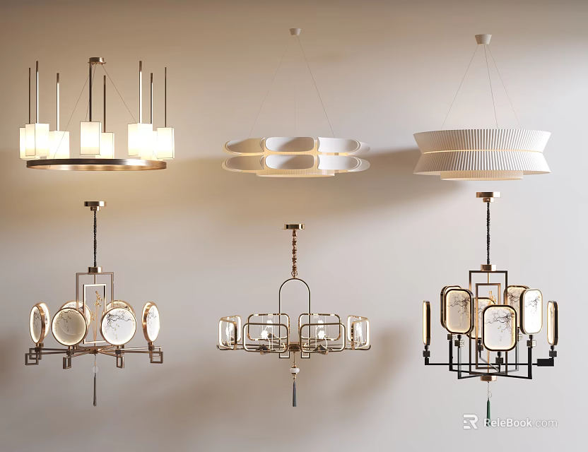 Modern Stylish Chandeliers Featuring Geometric Shapes Glass Metal And Illuminated Designs 3d model 