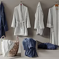 Cozy Blue And White Cotton Bathrobes Hanging With Wicker Basket And Slippers