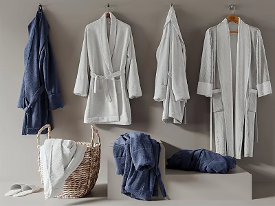 Cozy Blue And White Cotton Bathrobes Hanging With Wicker Basket And Slippers 3d model