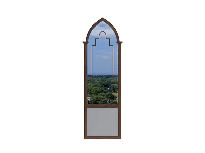 Arch Shaped Decorative Mirror With Wooden Frame Reflecting Green Trees And Blue Sky 3d model