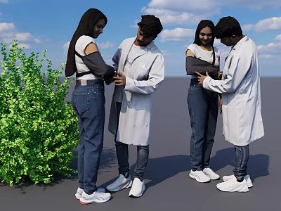 Two People Helping With Shoulder Support Outdoor White Coat Green Plants Blue Sky 3d model