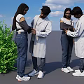 Two People Helping With Shoulder Support Outdoor White Coat Green Plants Blue Sky