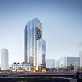 Modern Tall Office Building With Glass Curtain Wall Urban Greenery And Road