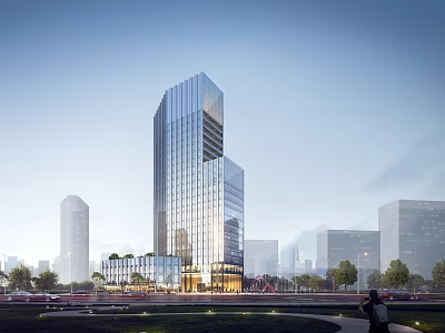 Modern Tall Office Building With Glass Curtain Wall Urban Greenery And Road 3d model