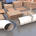 Industrial Equipment Setup With Crane Cardboard Boxes Parts And Components