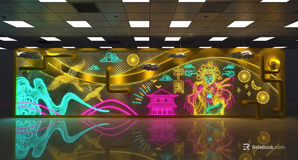 Colorful Neon Light Wall Art With Traditional Chinese Palace Opera Figure And Auspicious Clouds 3d model 