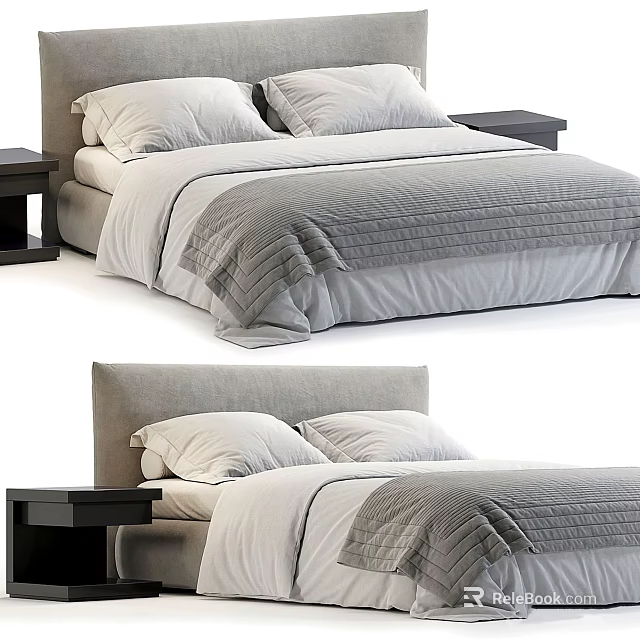 Modern Double Bed With Grey White Bedding Pillows And Nightstands 3d model 