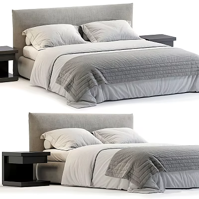 Modern Double Bed With Grey White Bedding Pillows And Nightstands 3d model